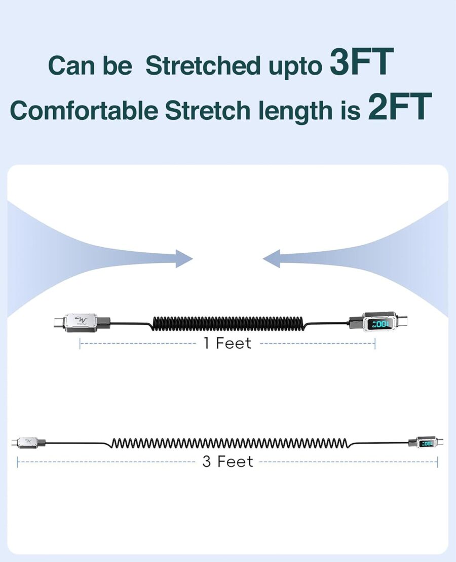Wayona USB C to USB C 100W Charger Cable for Car Fast Charging Coiled USB C Cable with Power Display for iPhone 16/15/Pro/Plus/Pro Max/Samsung Galaxy S23 S24, Compatible All Type C Devices - Image 7