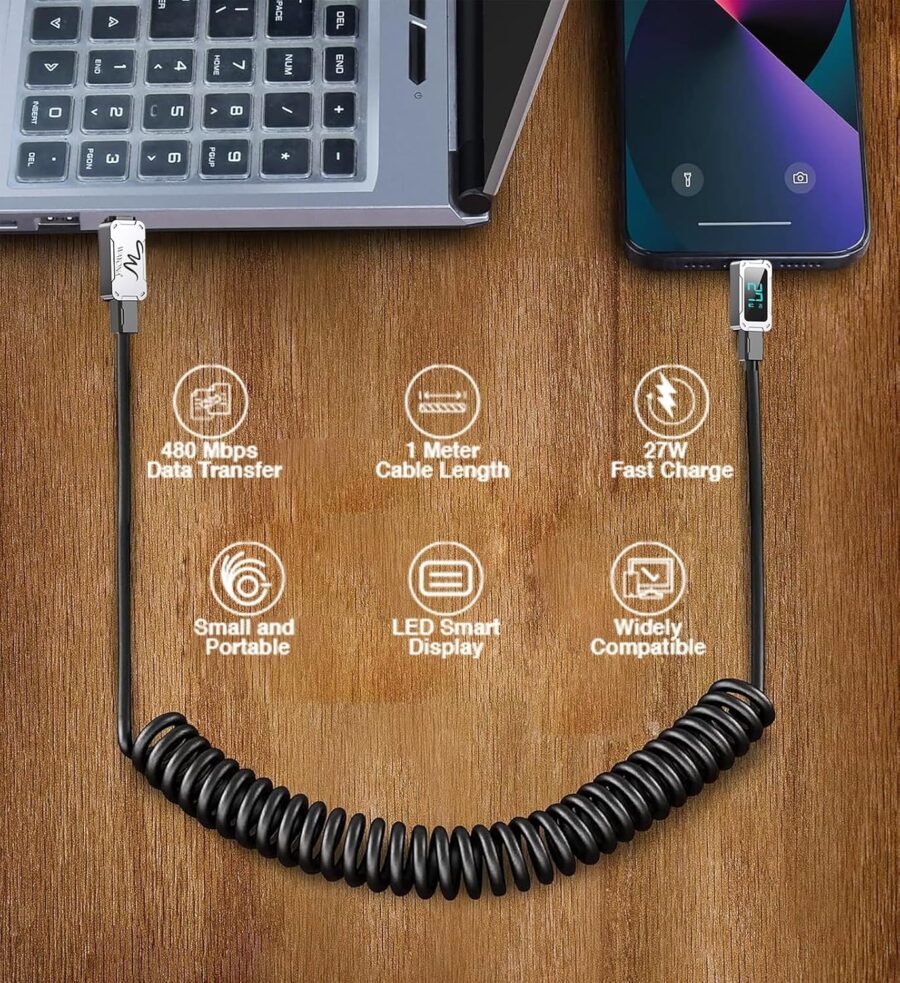 Wayona Type C to Lightning 27W Fast charging Carplay Coiled USB C Cable - Image 5