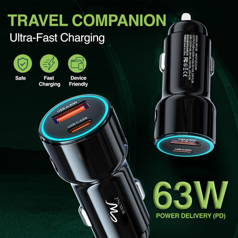 Wayona Zapcharge PD 63W USB C+A Dual Port Car Charger with Zinc Alloy Body - Image 2