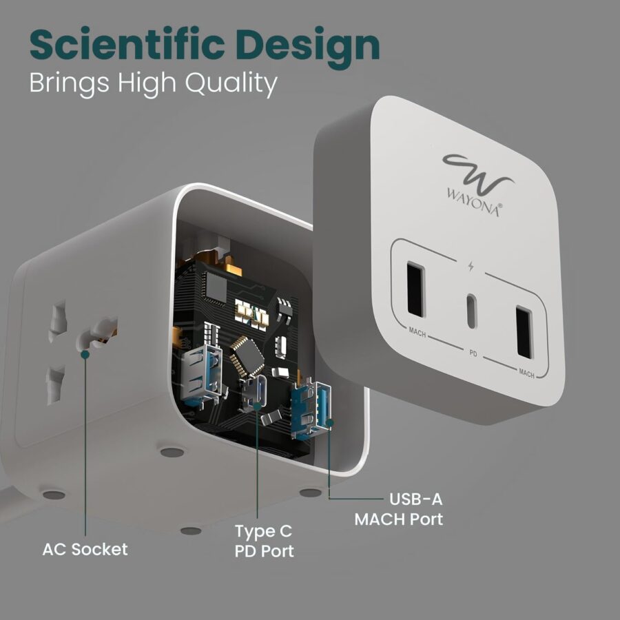 Wayona Power Strip Cube with 3 Universal Sockets PD USB C 20W and USB A Multiplug Extension Board - Image 2