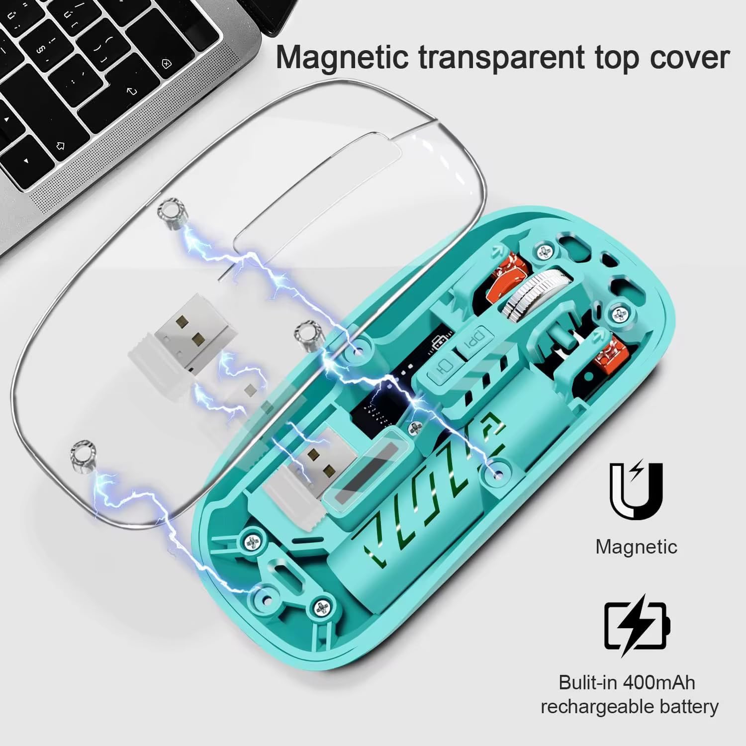 Wayona Clearclick Transparent Slim Wireless Mouse - Magnetic Cover, 3-Mode (Dual Bluetooth + USB), Rechargeable, One-Click Desktop, for MacBook/pc/iPad/Laptop - Image 3