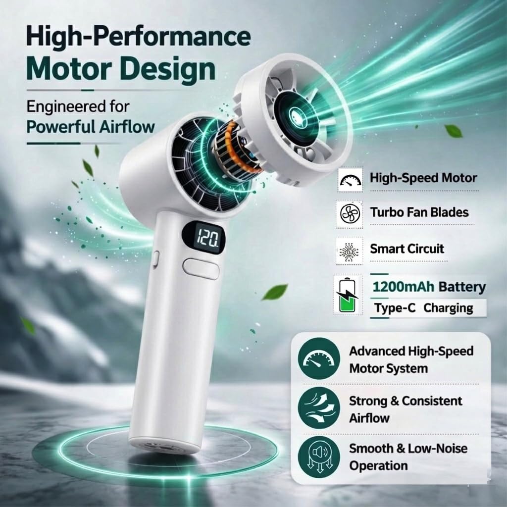 Wayona Breezy Mini Hand Fan, 120-Speed Stepless Infinite Regulation Portable Fan with Smart LED Digital Display, USB Rechargeable Hurricane Turbo Small Handheld & Desktop Fan for Travel, Makeup, Office - Image 3