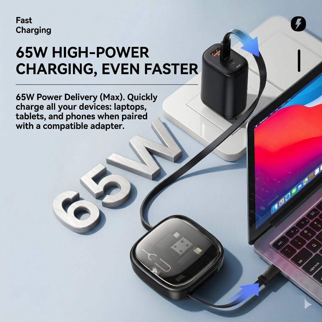 Wayona Retracto Case 65W Multifunctional Fast Charging Data Cable Kit With Retractable Cable, Convertors Set USB A & Type C to Male Micro/Lightning, MMC Storage,Sim Eject Pin (Black) - Image 7