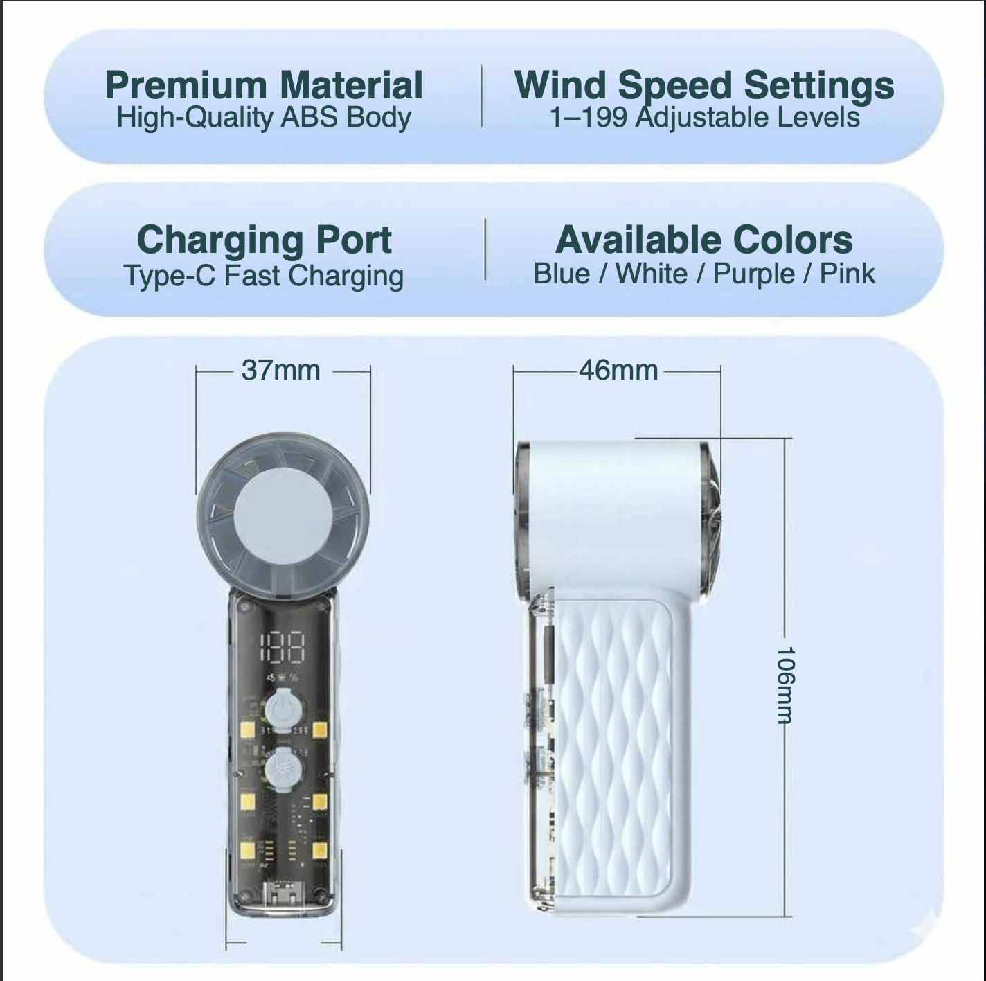 Wayona Turbosphere Pocket Fan, 199-Speed Infinite Adjustable Mini Handheld Fan with Smart LED Display, Rechargeable 1800mAh Battery, Type-C Fast Charging, and Built-In LED Night Light - Image 10