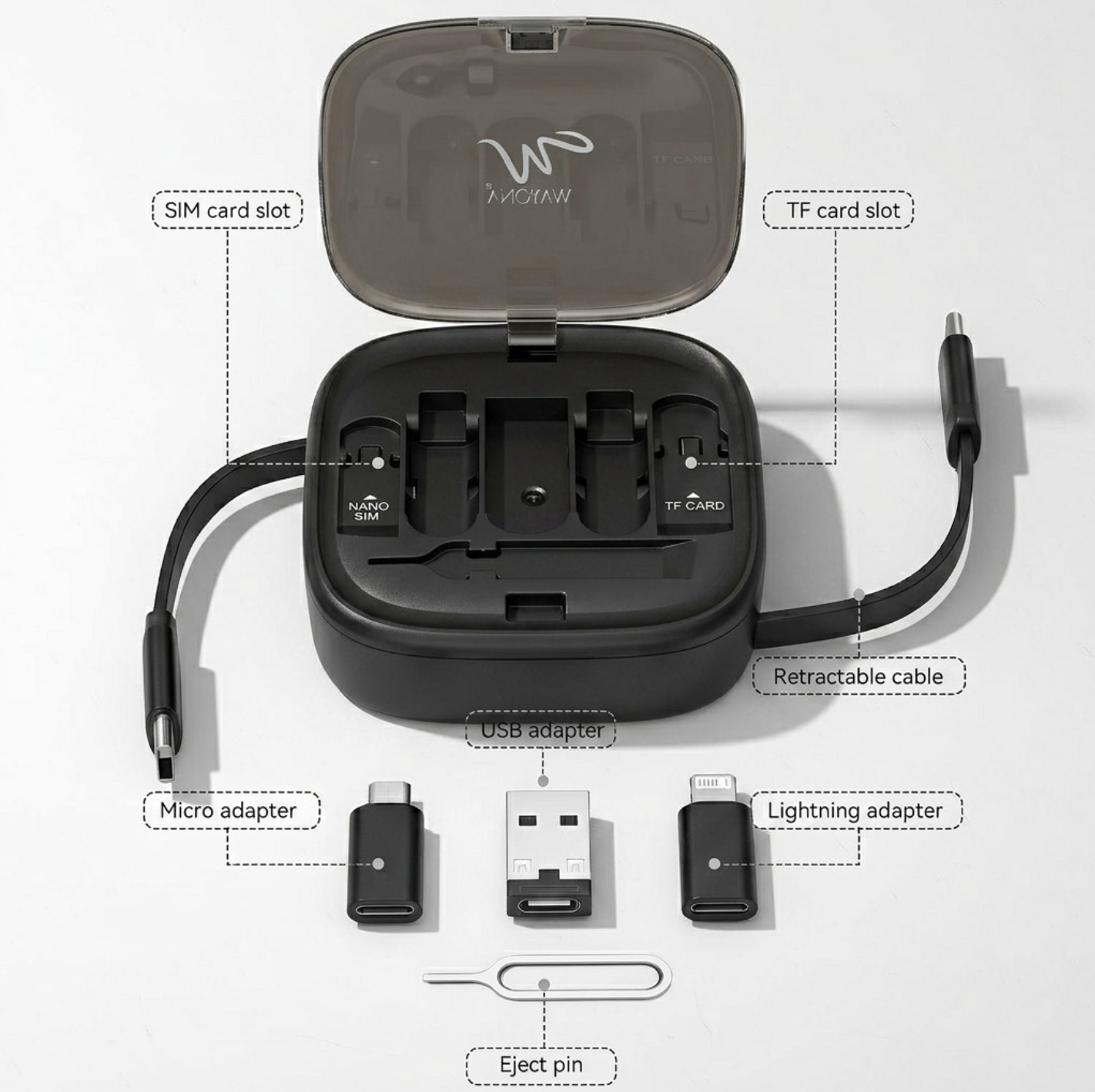 Wayona Retracto Case 65W Multifunctional Fast Charging Data Cable Kit With Retractable Cable, Convertors Set USB A & Type C to Male Micro/Lightning, MMC Storage,Sim Eject Pin (Black) - Image 3