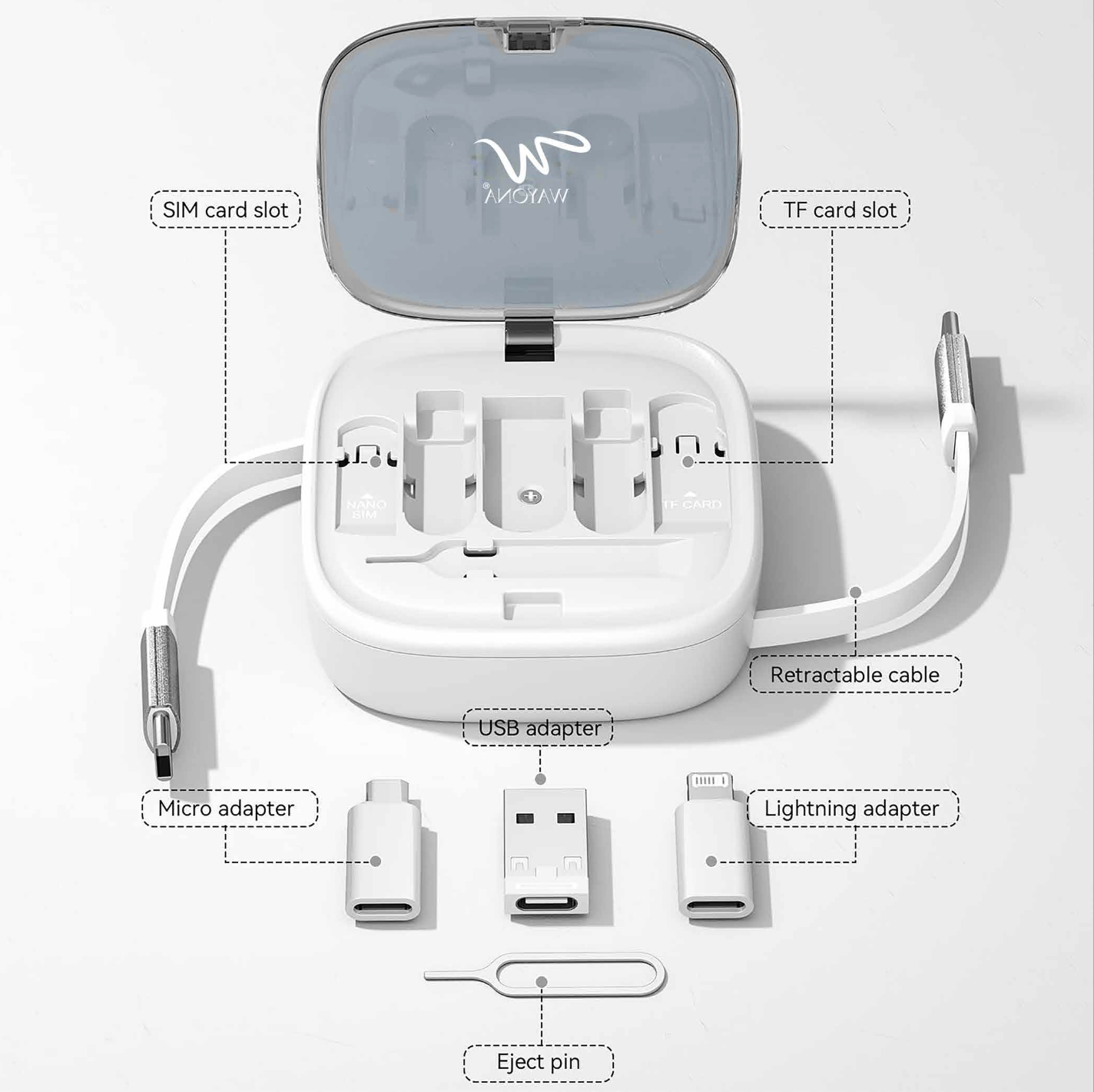 Wayona Retracto Case 65W Multifunctional Fast Charging Data Cable Kit With Retractable Cable, Convertors Set USB A & Type C to Male Micro/Lightning, MMC Storage,Sim Eject Pin (White) - Image 4